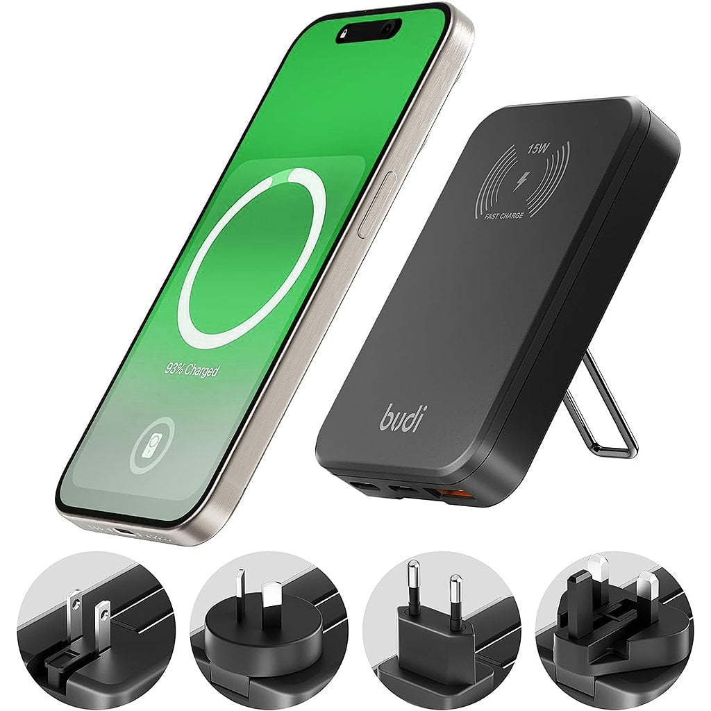 Budi 30W Dual USB-C PD and USB QC Magsafe Wireless Charger Global Travel Charger - BlackMobile AccessoriesBudi 30W Dual USB-C PD and USB QC Magsafe Wireless Charger Input 100-240 V 50/60 Hz Total output power 30 W max USB-C output 5V / 9V = 3A, 12V = 2.5A
